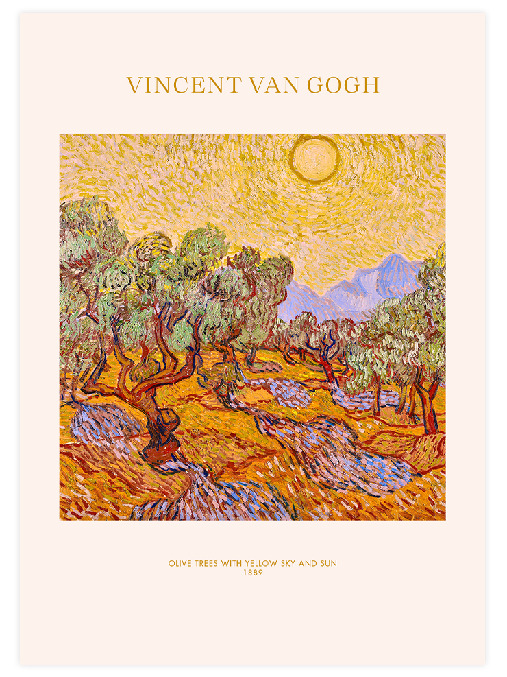 Van Gogh Olive Trees with Yellow Sky and Sun - Art Print