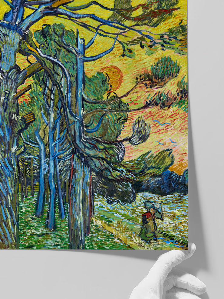 Van Gogh Pine Trees against a Red Sky with Setting Sun - Art Print