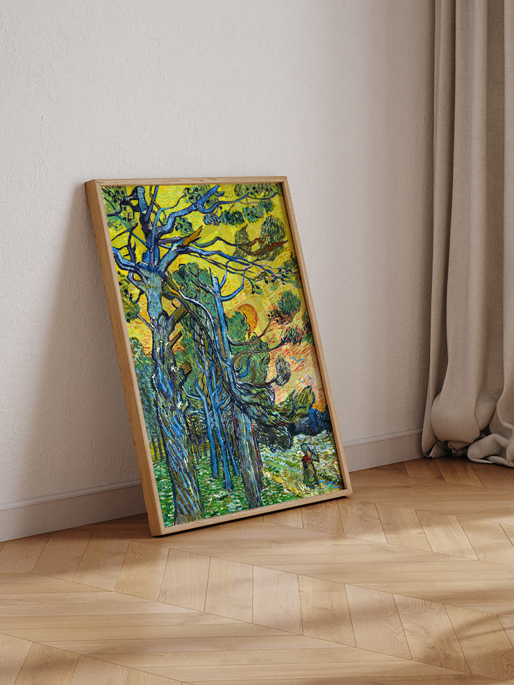 Van Gogh Pine Trees against a Red Sky with Setting Sun - Art Print