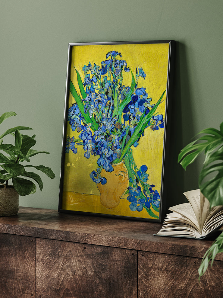 Van Gogh Vase with Irises Against a Yellow Background - Art Print