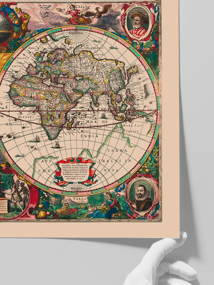 Vintage Coğrafi ve Hidrografik Dünya Haritası - Art Print