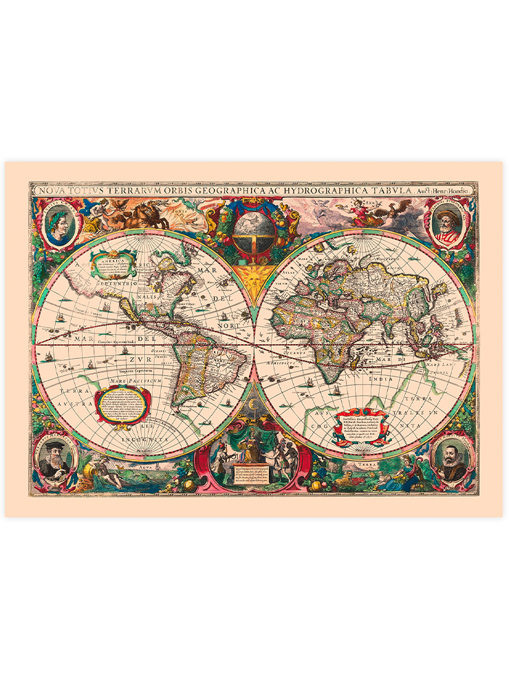 Vintage Coğrafi ve Hidrografik Dünya Haritası - Art Print