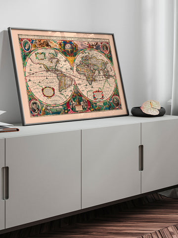 Vintage Coğrafi ve Hidrografik Dünya Haritası - Art Print