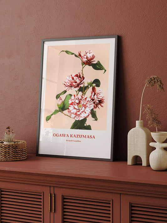 Ogawa Kazumasa Striped Camellias Poster - Giclée Baskı