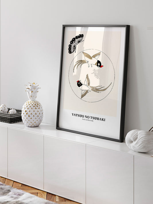 Yatsuo No Tsubaki Birds And Butterfly Poster - Giclée Baskı