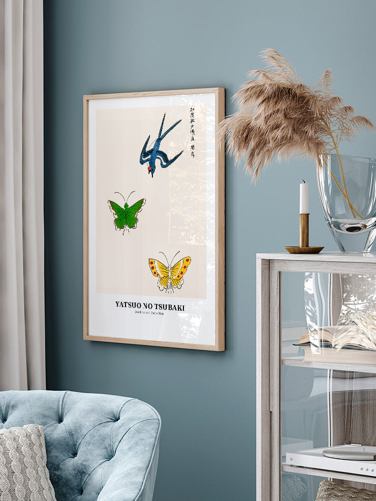 Yatsuo No Tsubaki Swallow And Butterflies - Art Print  Poster