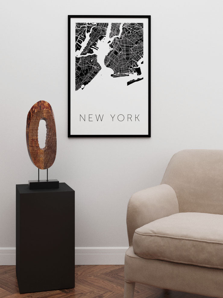 New York Siyah Harita - Art Print  Poster