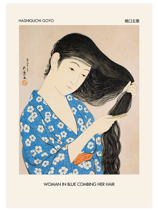 Hashiguchi Woman In Blue Combing Her Hair - Fine Art Poster