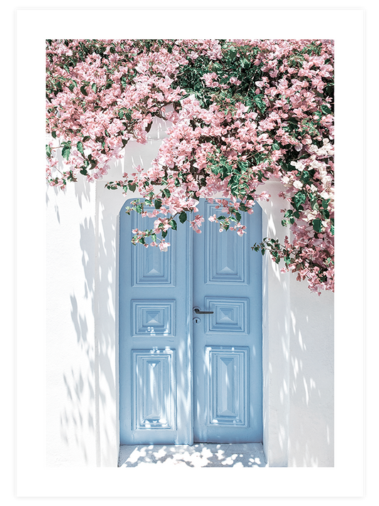 Mavi Kapı Ve Pembe Çiçekler - Art Print