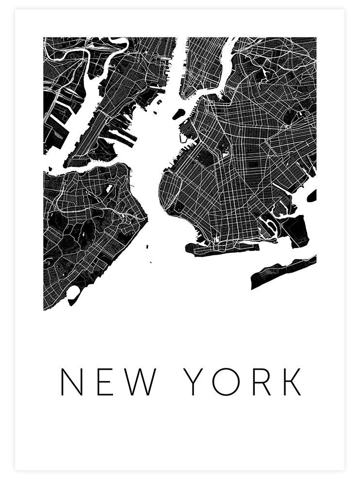 New York Siyah Harita - Art Print